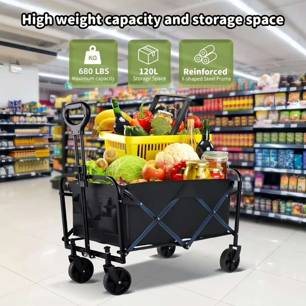 Capacity Heavy-Duty All-Terrain Folding Cart - Stainless Steel Frame and Foldable Multi-Purpose Wagon for Camping, -